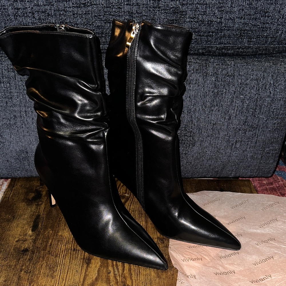 Vivianly Black Slouchy Mid-Calf Boots Pointed Toe Kitten Heel Zipper - Size 11